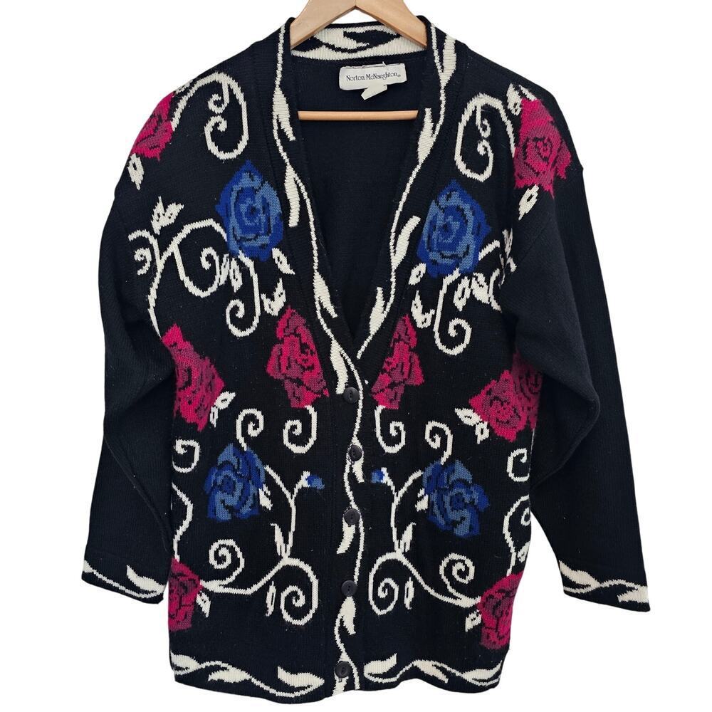 Vintage Floral Cardigan Womens Medium Black Cottage Whimsygoth Preppy Warm Retro